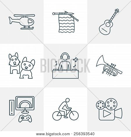Lifestyle Icons Line Style Set With Cinema, Knitting, Trumpet And Other Helicopter Elements. Isolate
