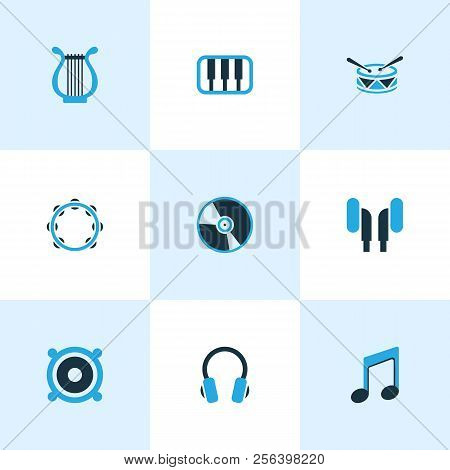 Music Icons Colored Set With Music, Earphone, Timbrel And Other Speaker Elements. Isolated  Illustra