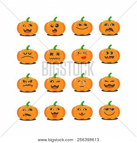 Set Of Colored Cartoon Pumpkins Icons For Halloween With Different Emotions