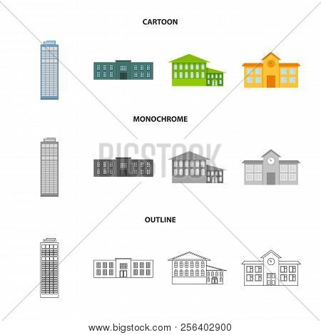 Skyscraper, Police, Hotel, School.building Set Collection Icons In Cartoon, Outline, Monochrome Styl
