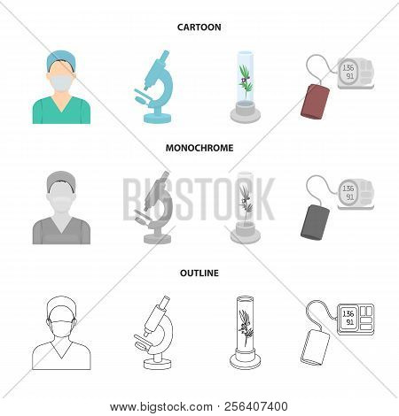 Plant In Vitro, Nurse, Microscope, Tonometer. Medicine Set Collection Icons In Cartoon, Outline, Mon