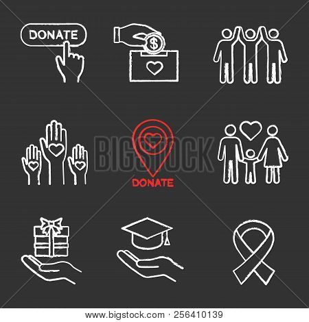 Charity Chalk Icons Set. Donate Button, Fundraising, Charity Organization Location, Family, Gift, Fr