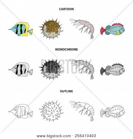 Shrimp, Fish, Hedgehog And Other Species.sea Animals Set Collection Icons In Cartoon, Outline, Monoc