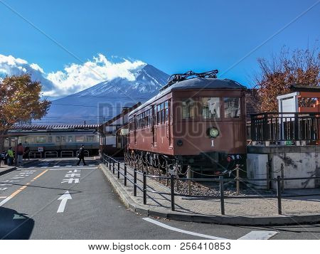 Kawaguchiko, Japan : November 16, 2017 : Carnegie Model 1897 Train Display At Kawaguchiko Station Ja