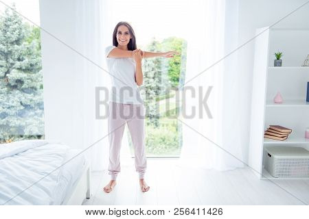 Daily Home Slimming Fitness. Full Size Body Length Of Lovely Charming Beautiful Nice Stylish Brunett