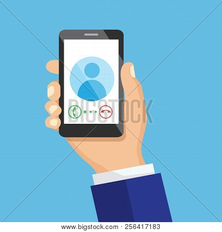 Receiving Phone Call Concept. Dialling, Calling On The Mobile Phone. Hand Holding Smart Phone In Mod