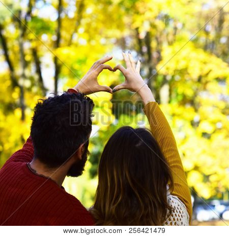 Man And Woman Turned Backwards Autumn Trees Background