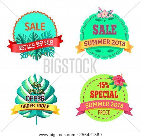 Special Offer Sumer 2018 Logos With Tropical Herbs Set. Seasonal Sale Promo Emblems Exotic Plants. S