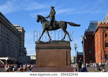 Moscow, Russia - June 26, 2018: Equestrian Statue Monument To Marshal Zhukov On The Manezhnaya Squar