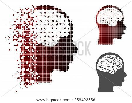 Brain Icon In Sparkle, Dotted Halftone And Undamaged Whole Variants. Pieces Are Arranged Into Vector
