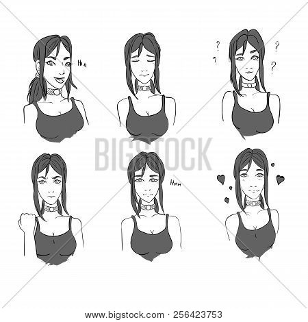 Girl Face In Different Moods Vector. Storyboard Character Artline Illustrations