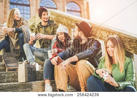 Happy Friends Drinking Coffee Take Away And Laughing In Old Downtown City Center - Young People Havi