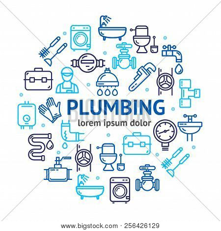 Plumbing Signs Round Design Template Thin Line Icon Concept. Vector