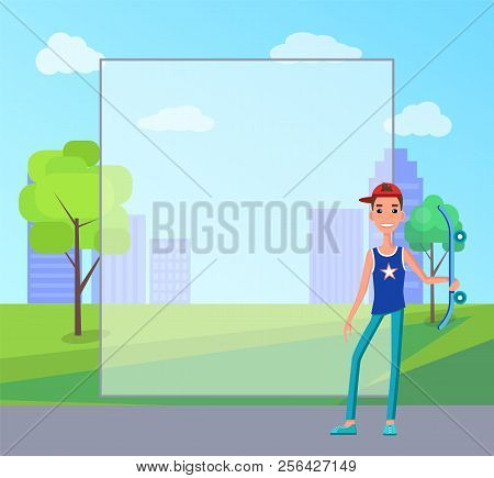 Male Skateboarder In Blue T-shirt And Cup Holds Skateboard Advertisement Poster With Blank Copyspace