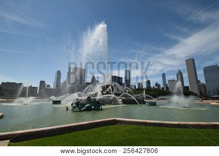 Clarence F. Buckingham Memorial Fountain Shooting Water Straight Up Into The Air With The Chicago Sk