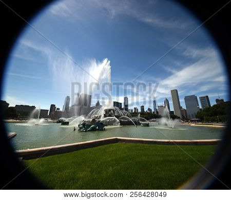 Clarence F. Buckingham Memorial Fountain Shooting Water Straight Up Into The Air With The Chicago Sk
