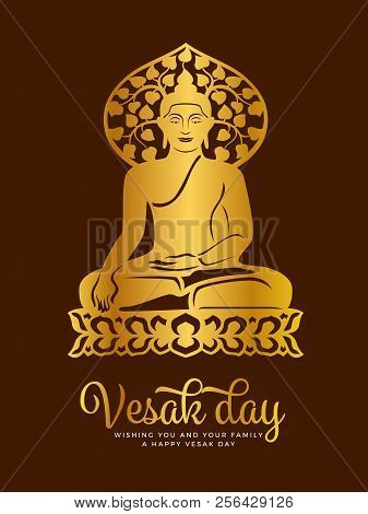 Vesak Day Banner With  Gold Paper Cut Buddha Meditate On Lotus And Bodhi Tree Around Haed Sign Vecto