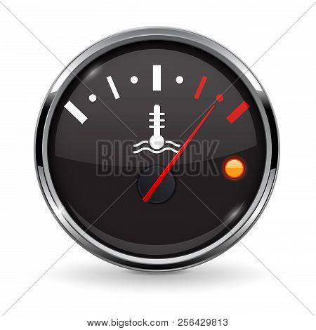Temperature Car Gauge. Black Round Device Meter With Chrome Frame. High Temperature. Vector 3d Illus