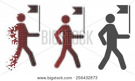Guide Man With Flag Icon In Dispersed, Dotted Halftone And Undamaged Whole Versions. Fragments Are C
