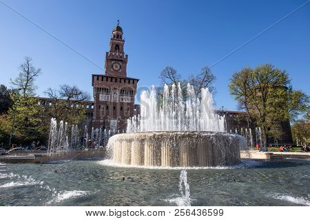 Milan, Italy, March 28, 2017 - Sforzesco Castle In Cairoli Place, Milan, Italy