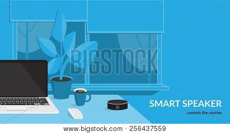 Smart Speaker Controls The Routine. Flat Vector Illustration For Mockup Design Of Black Home Smart S
