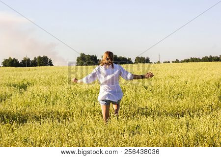 Happy, In Love. Winged Girl In The Fields Of Wheat