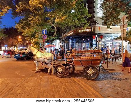 Odessa - Ukraine - August 2018: Evening City Center Panorama, Carriage With Horses