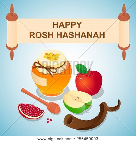 Sweet Rosh Hashanah Concept Background. Isometric Of Sweet Rosh Hashanah Vector Concept Background F