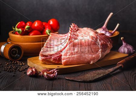 Raw Beef Meat On Black Slate Background, Darkmood