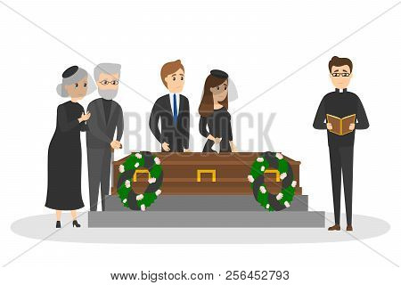 Funeral Ceremony On The Cemetery With Sad People