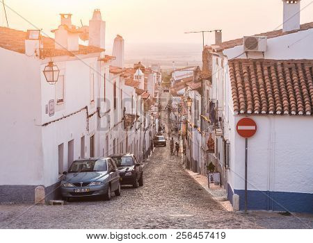 Estremoz, Portugal - August 22, 2018: Direita Street In Estremoz, Evora District, Portugal, At Sunse
