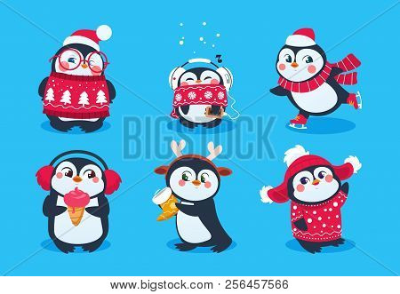 Christmas Penguin. Funny Snow Animals, Cute Baby Penguins Cartoon Characters In Winter Hat. Isolated