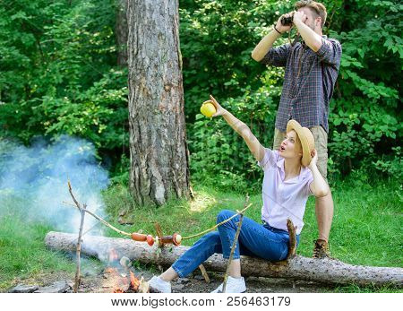 Couple Enjoy Hike In Forest Observing Nature. Couple Ornithologists Expedition In Forest. Observing 