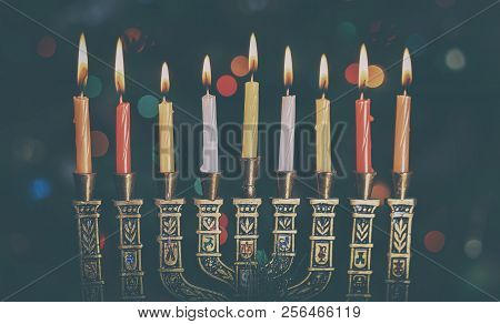 Jewish Holiday Hannukah Symbols - Menorah. Copy Space Background.
