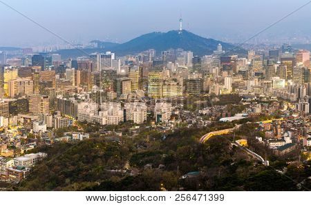 Aerial Sunset and Night view of Seoul Downtown cityscape with Seoul Tower in South Korea panorama