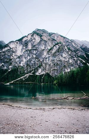 Beautiful View Of Lago Di Braies Or Pragser Wildsee, Trentino Alto Adidge, Dolomites Mountains, Ital