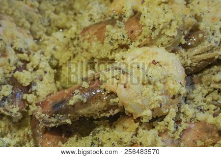 Spicy Indian Prawn Food Dish, Prepared With Coconut For Nice Taste. Close Up Image Of The Prawns Bei