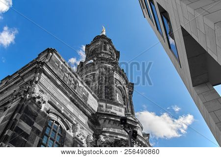 Historical Cross Church In Dresden And A Modern Building, Abstract, Black And White With Blue Sky