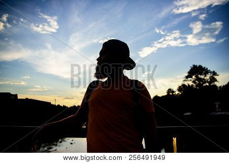 Enjoy Pleasant Moment. Guy In Front Of Blue Sky At Evening Time Admire Landscape. Take Moment To Adm