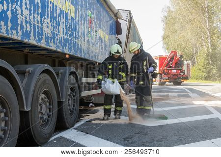 The Collision Of Two Trucks In Latvia, On The A8 Road, Occurred On August 23, 2018
