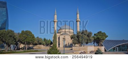 City View Of The Capital Of Azerbaijan - Baku. Famous Flame Towers, Mosque And Funicular Station.