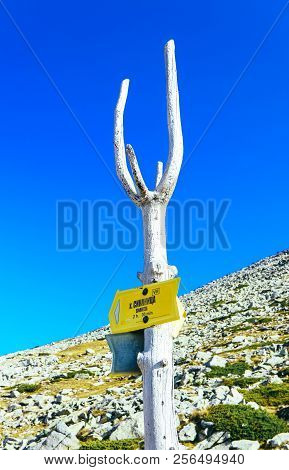 Bansko, Bulgaria - September 2, 2018: Sinanishko Lake Pointer Signboard, National Park.