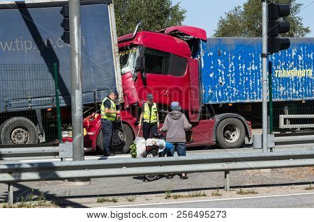 The Collision Of Two Trucks In Latvia, On The A8 Road, Occurred On August 23, 2018