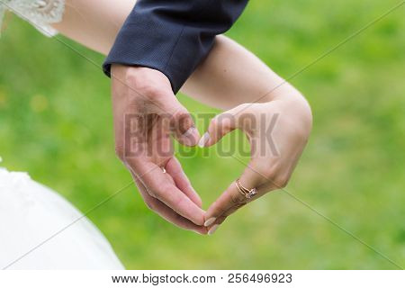 Wedding Heart Hands Of Newlywed Couple On The Green Grass Background