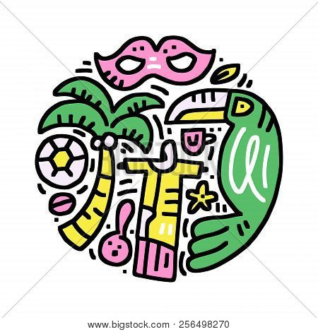 Hand Drawn Illustration With Symbols Of Brasil Made In Doodle Style. Round Concept Vector Drawing.