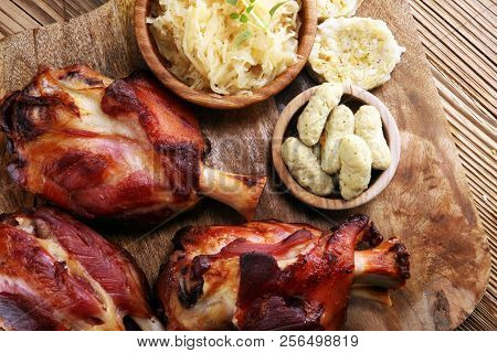 Roasted Pork Knuckle. Ham And Bacon Are Popular Foods In The West. German Schweinshaxe Or Haxe.
