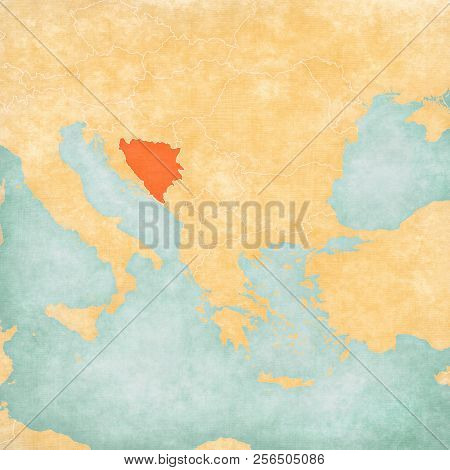 Bosnia And Herzegovina On The Map Of Balkans In Soft Grunge And Vintage Style, Like Old Paper With W