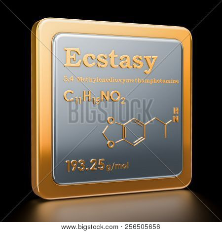 Ecstasy 3,4-methyl​enedioxy​methamphetamine (mdma). Icon, Chemical Formula, Molecular Structure. 3d 