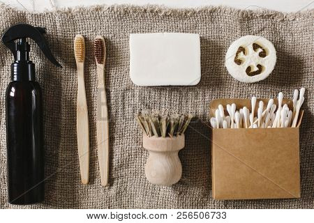 Eco Natural Bamboo Toothbrush,luffa, Coconut Soap,brushes,ear Sticks On Rustic Background. Zero Wast