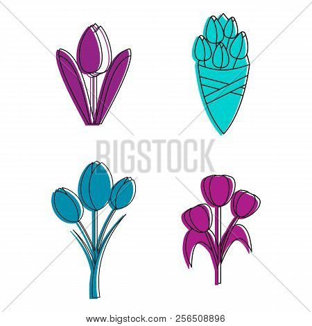 Tulips Icon Set. Color Outline Set Of Tulips Icons For Web Design Isolated On White Background